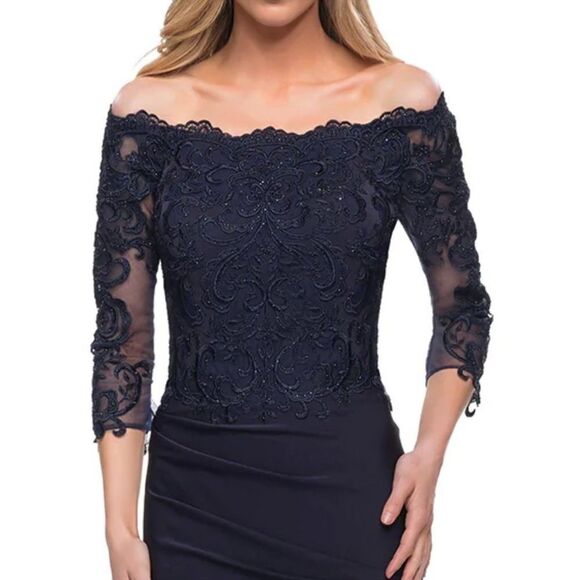 La Femme 29324 Off Shoulder Trumpet Evening Dress Navy size 16 NWT $618 - Picture 3 of 7